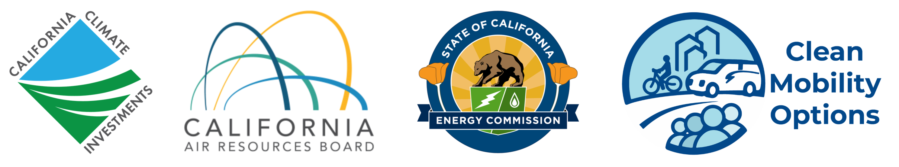 Grant funding logos including California Climate Investments, California Air Resources Board, California Energy Commission, and Clean Mobility Options