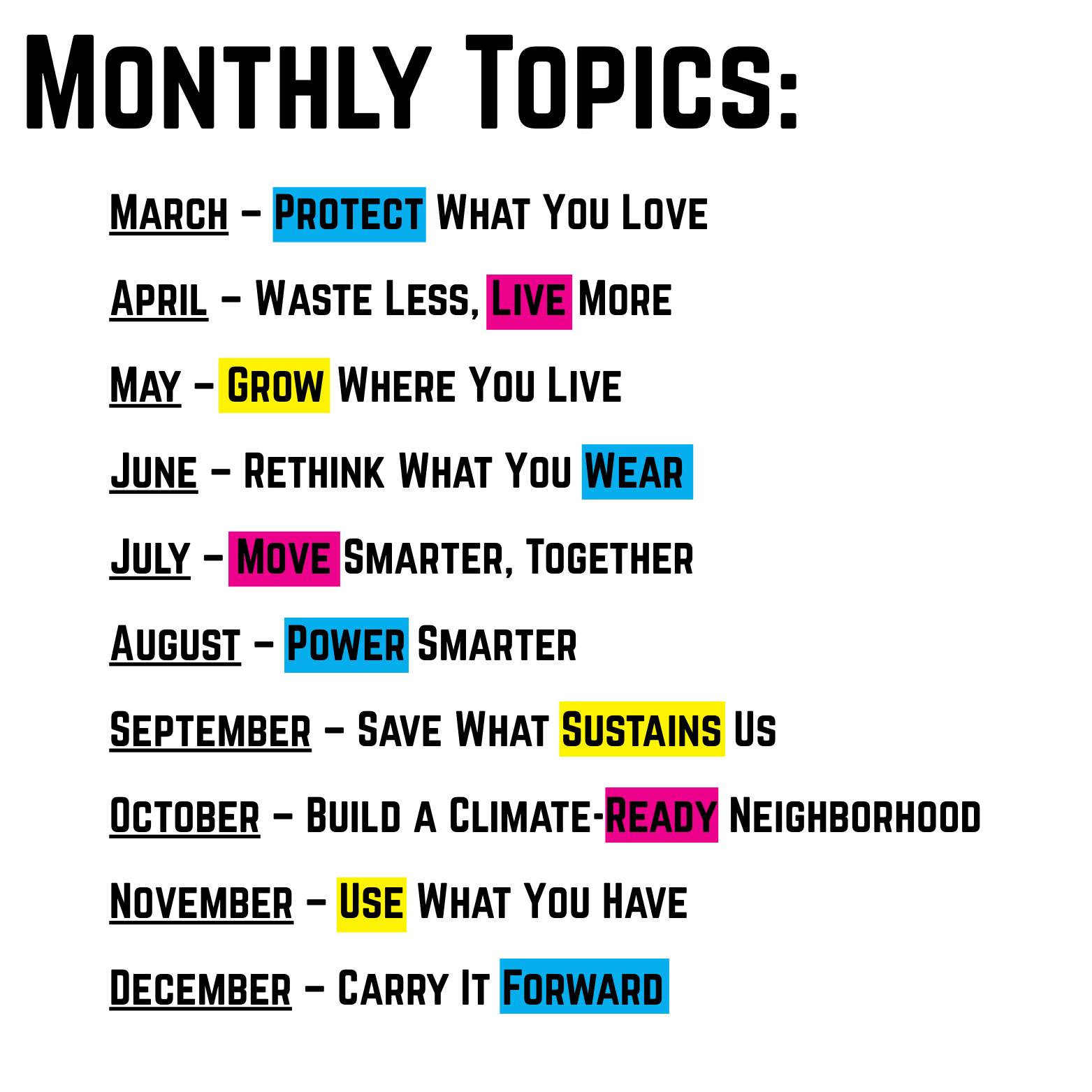 Graphic featuring Own Your Impact Campaign monthly topics