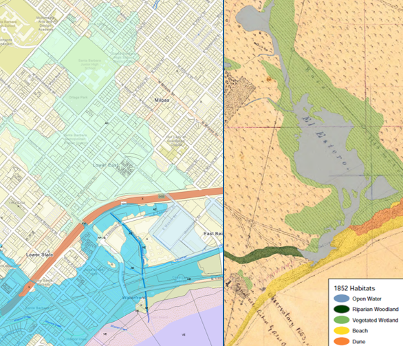 Side-by-side maps comparing the modern FEMA 100-year flood zone (left) with the historic 1852 El Estero wetland (right), showing that today's flood-prone areas closely match the footprint of the old wetland.