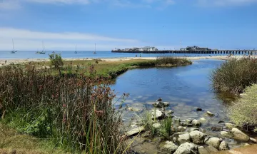 Laguna Creek outfall on East Beach with Stearns Wharf in background