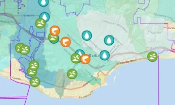 Creeks and Watersheds Map of Santa Barbara showing icons for creek restoration and water quality improvement projects.