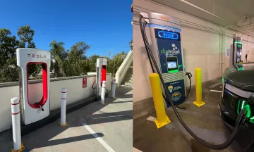Tesla and Dirt Road electric vehicle chargers at the Ortega Garage in Santa Barbara.