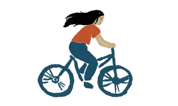 Illustration of a woman on a bicycle about to ride up a path