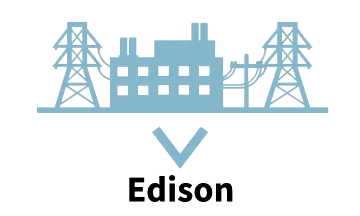 Graphic of a power plant and power lines with text "Edison"