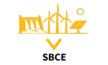 Graphic of hydroelectric, wind, and solar power generation with text "SBCE"