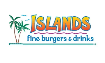 Illustration. Islands Fine Burgers & Drinks logo on a white background, two green palm trees on the left, and text "Islands Fine Burgers & Drinks"
