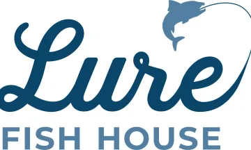 Illustration. Lure Fish House logo on a white background, leaping fish silhouette, and text "Lure Fish House"