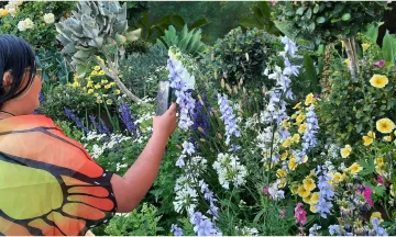 Garden outdoor setting, Girl with butterfly wings holding a camera and taking a photo.
