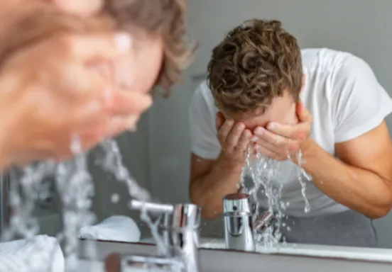 Man washing face in sink