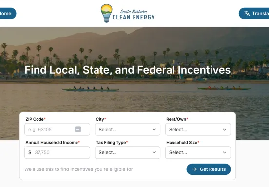 Screenshot of the Santa Barbara Clean Energy Govcentives webpage