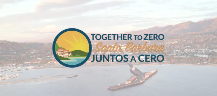 Aerial image of Santa Barbara with Climate Action Plan logo including an illustration of the City and text "Together to Zero, Santa Barbara