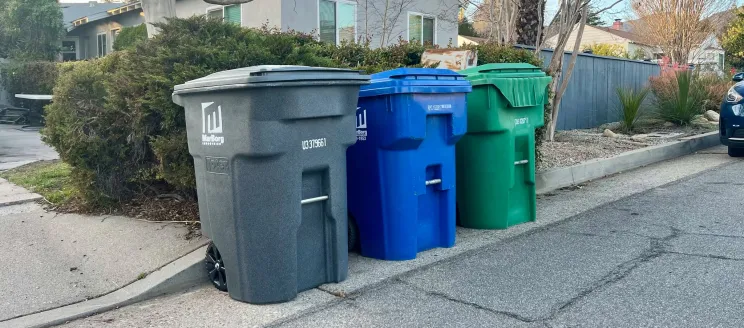 Green, blue, and brown trash carts lined up on the sidewalk.