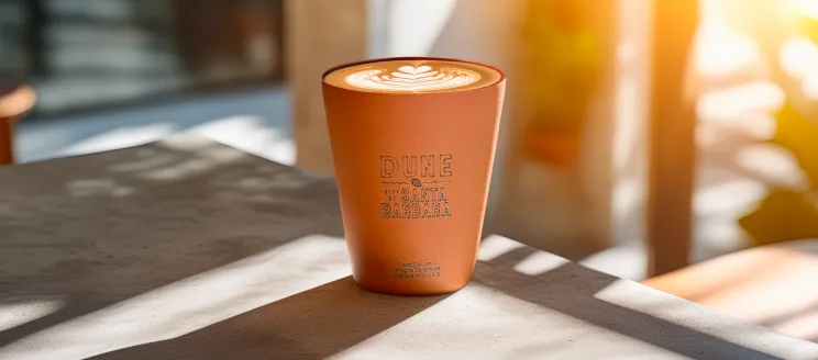 Clay cup on wood table. The cup is labeled “Dune Coffee Roasters – City of Santa Barbara.”