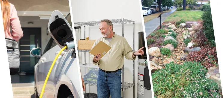 Image of Electric vehicle charging, heat pump water heater consultation, and storm water landscaping.