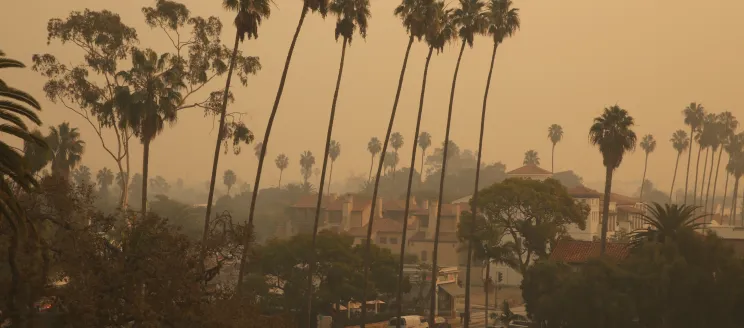 Orange, smoky skies behind palm trees and buildings in Santa Barbara during the Thomas Fire in 2017.