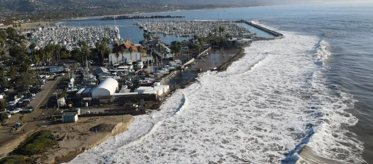 Waves along Leadbetter Beach and the Harbor parking lot in Santa Barbara.