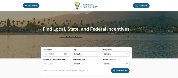 Screenshot of the Santa Barbara Clean Energy Govcentives webpage