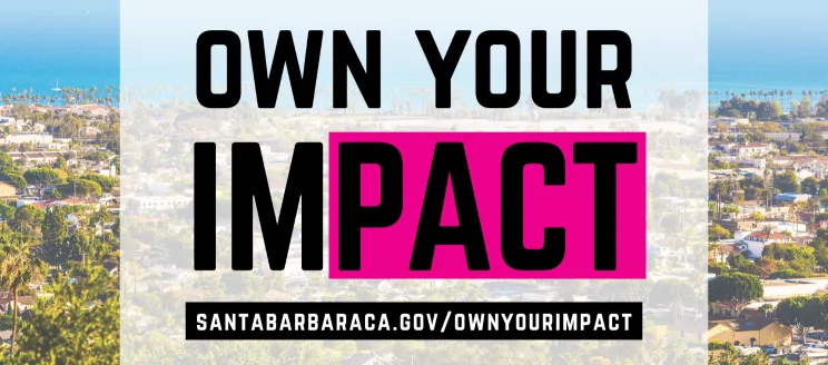 Image of Santa Barbara with bold black text that reads, “Own Your Impact”.)