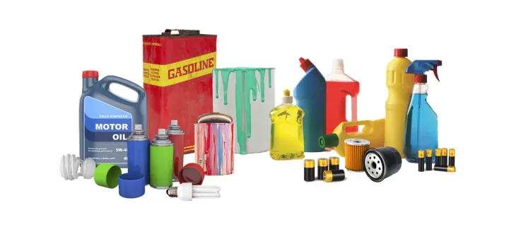 Household hazardous waste items, including motor oil, gasoline, paint, cleaning products, pesticides, fluorescent bulbs, batteries, and automotive filters.
