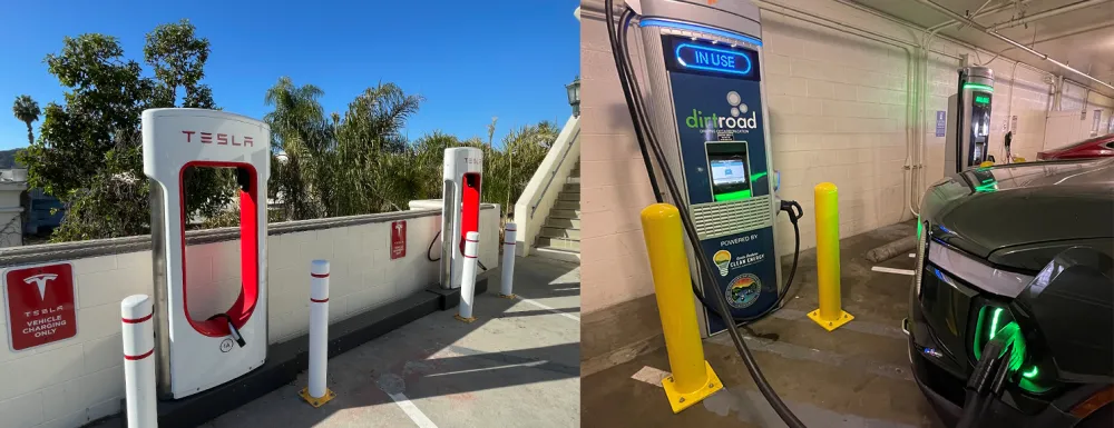 Tesla and Dirt Road electric vehicle chargers at the Ortega Garage in Santa Barbara.