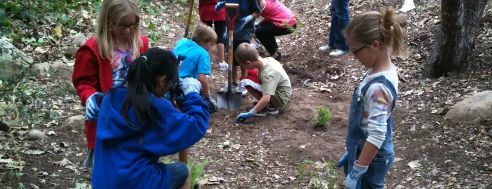 Students from Peabody Charter School install native plants at Oak Park
