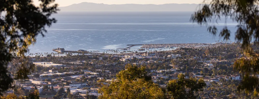 View of Santa Barbara and the Channel Islands looking through trees on a hillside