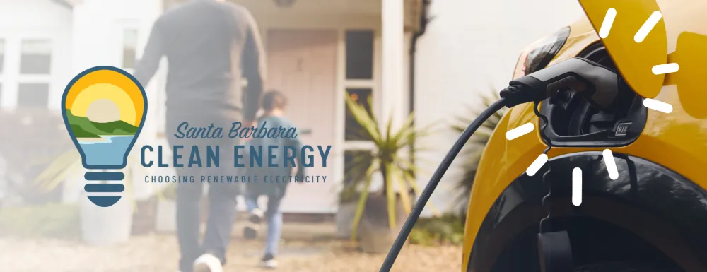 Close up of electric vehicle charger and people walking into a home in the background with Santa Barbara Clean Energy logo