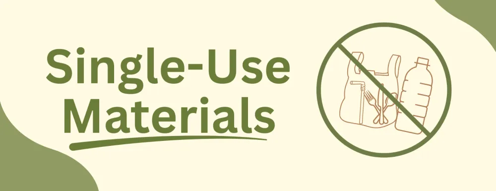 Illustration of Single Use Materials plastic bag, utensils, straw and bottle