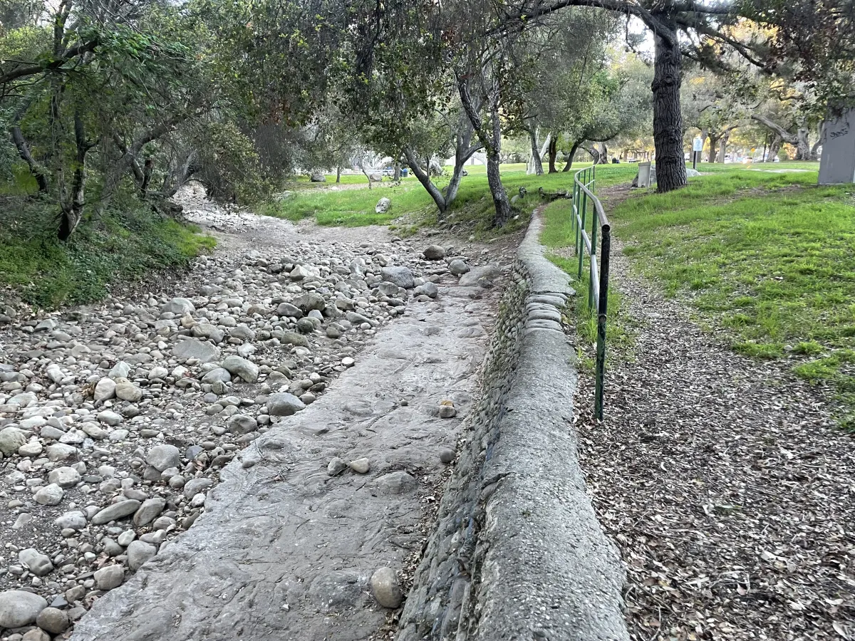 Mission Creek Oak Park concrete wall, bank and bed