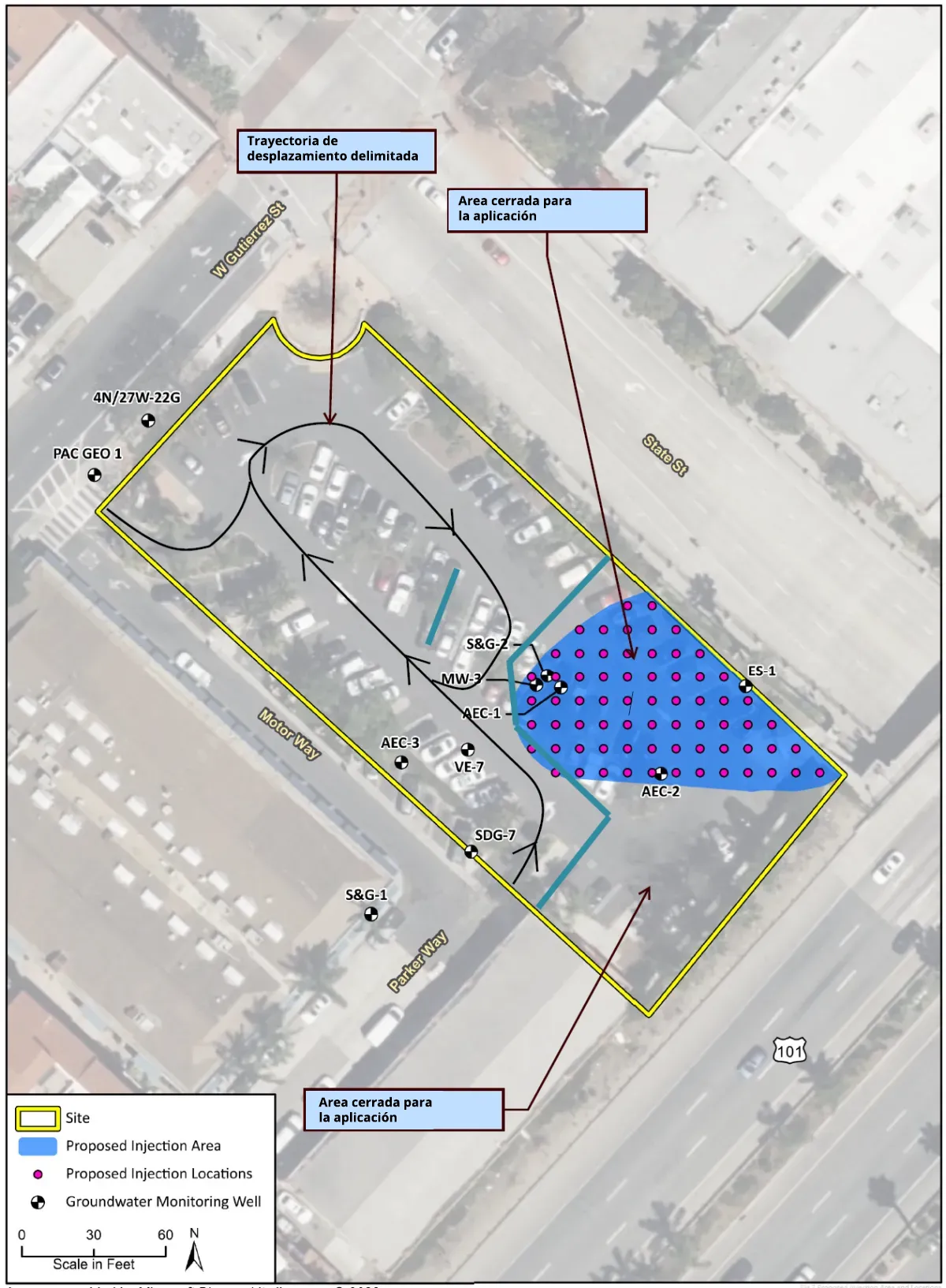Schematic of Lot 12 in Santa Barbara showing parking and traffic patterns during remediation project