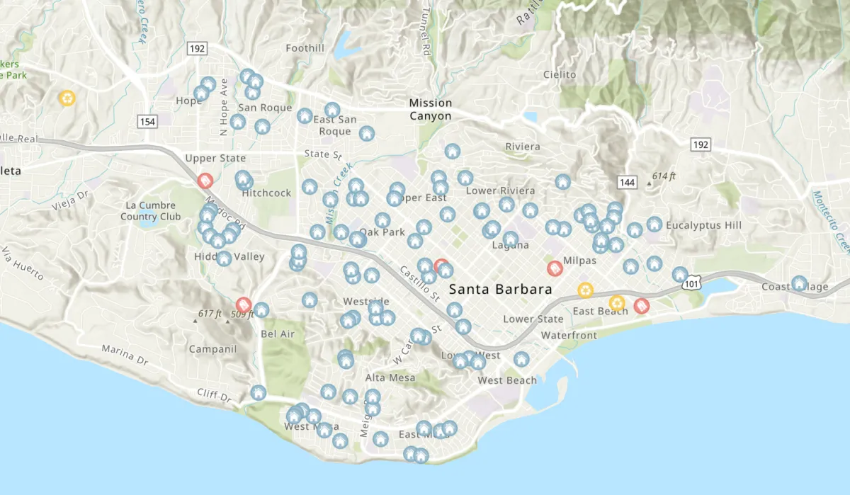 Map of Santa Barbara with icons showing yard sale locations
