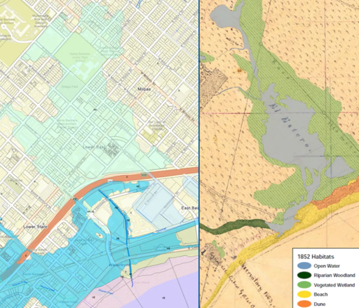 Side-by-side maps comparing the modern FEMA 100-year flood zone (left) with the historic 1852 El Estero wetland (right), showing that today's flood-prone areas closely match the footprint of the old wetland.