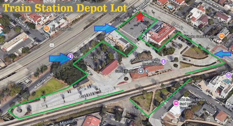 Google aerial view of Santa Barbara City Lot 13 at the Amtrak station, with a red star denoting the northeast portion of the lot where EV chargers are to be installed