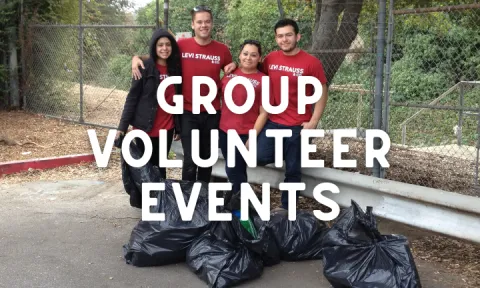 Photo of a group of volunteers and bags of litter with white text overlaid that says "Group Volunteer Events"