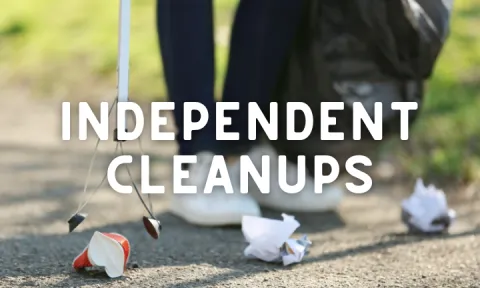 Close up of litter on the ground, and the lower legs and feet of a volunteer holding a bag and trash grabber picking up the litter.