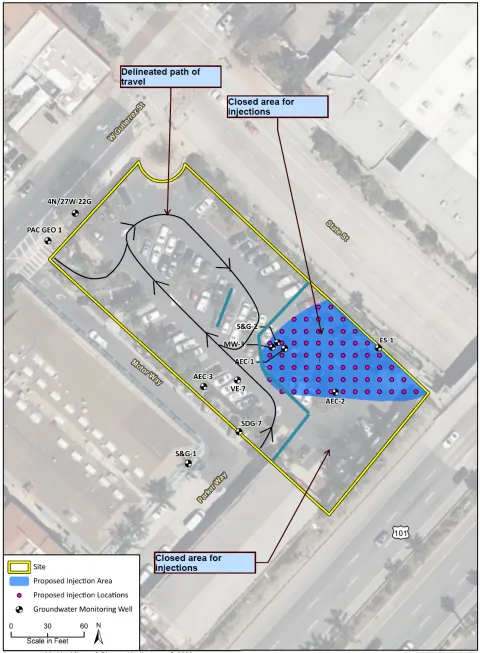 Schematic of Lot 12 in Santa Barbara showing parking and traffic patterns during remediation project