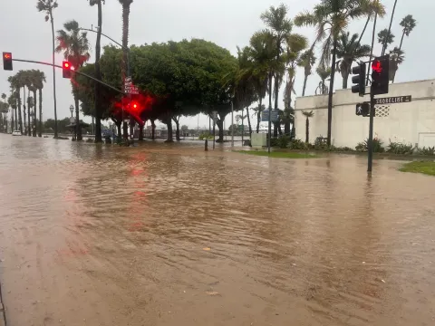 Flooding in Santa Barbara at the intersection of Cabrillo Boulevard and Castillo Street in December 2023.