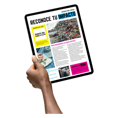 Imagen de una mano sosteniendo un iPad con una pantalla que muestra un boletín informativo.