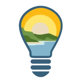 Illustration of a beach scene inside a light bulb