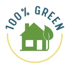 Graphic of a house and leaf with text "100% Green" above