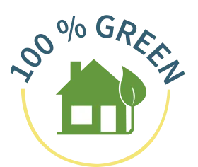 Graphic of a house and leaf with text "100% Green" above