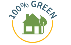 Graphic of a house and leaf with text "100% Green" above