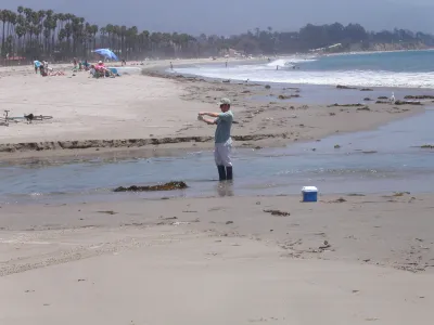 City staff collecting beach water quality sample