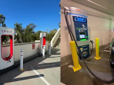 Tesla and Dirt Road electric vehicle chargers at the Ortega Garage in Santa Barbara.