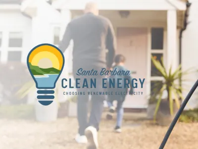 Close up of electric vehicle charger and people walking into a home in the background with Santa Barbara Clean Energy logo