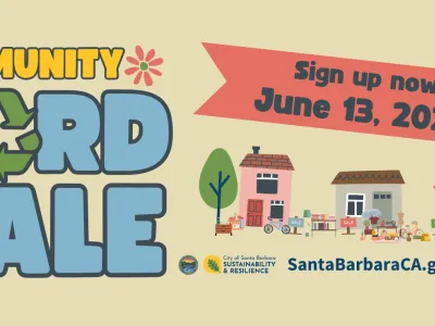 Flyer for the Santa Barbara Community Yard Sale, featuring bold yellow and blue text on a beige background. The event is scheduled for Saturday from 8 AM to 2 PM. Logos for the City of Santa Barbara Sustainability & Resilience program are included, along with a website link