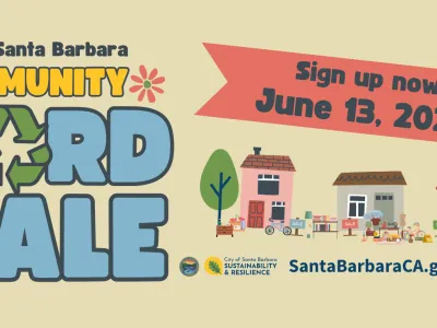 Flyer for the Santa Barbara Community Yard Sale, featuring bold yellow and blue text on a beige background. The event is scheduled for Saturday from 8 AM to 2 PM. Logos for the City of Santa Barbara Sustainability & Resilience program are included, along with a website link