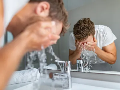 Stock image of a man washing his face in a bathroom sink at mirror